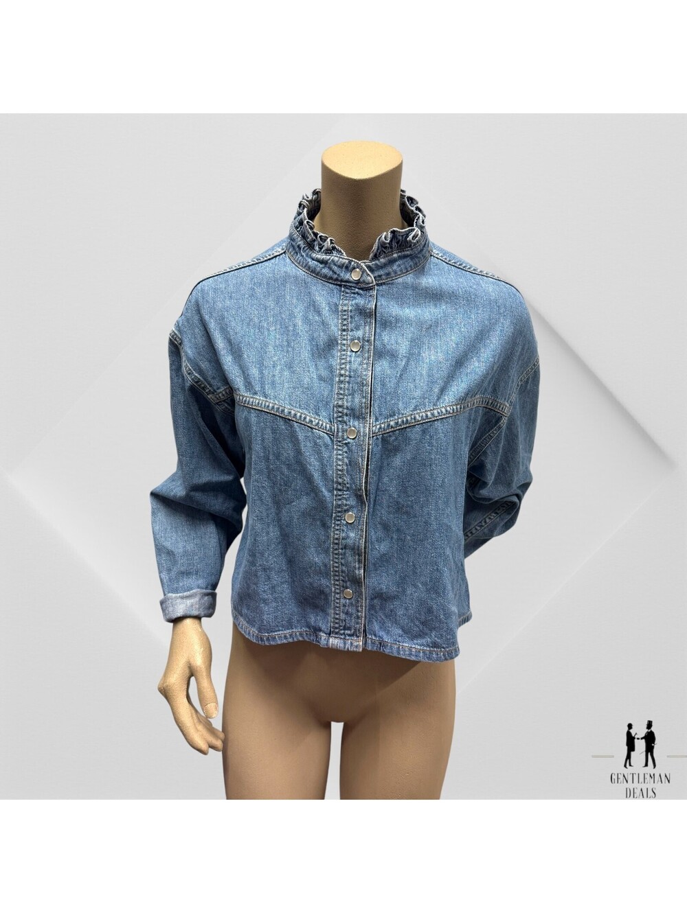 Overlover Getty Denim Shirt Jacket Light Weight Snap Blouse Ruffle neck XS